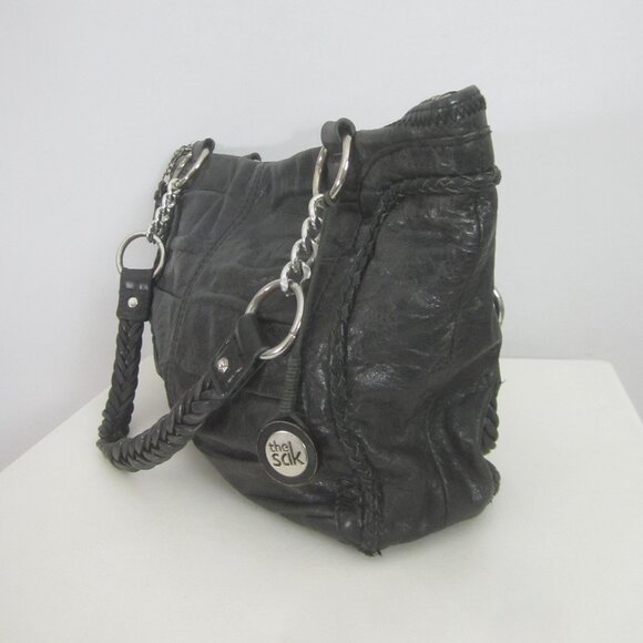 The Sak Womens Black Leather Purse Chain Braided Double Handle Bag Pleated Fob - Picture 1 of 13